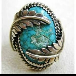 Faux Turquoise Ring Silver Blue Leaves Size 7
